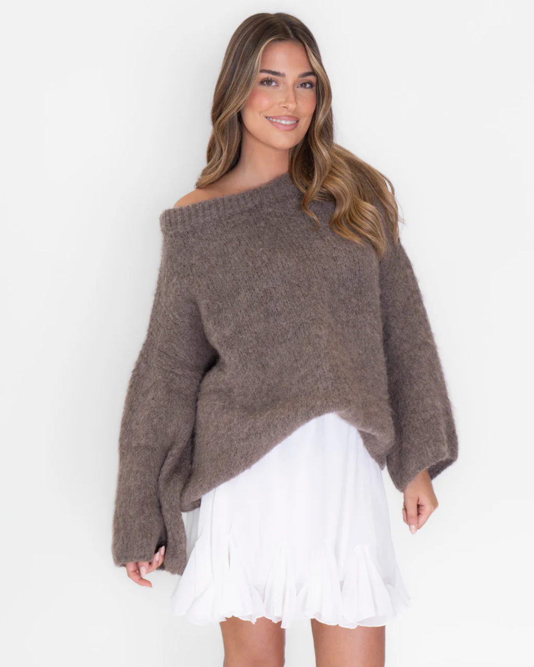 Camisola de malha ultra macia com ombros descobertos para mulher®