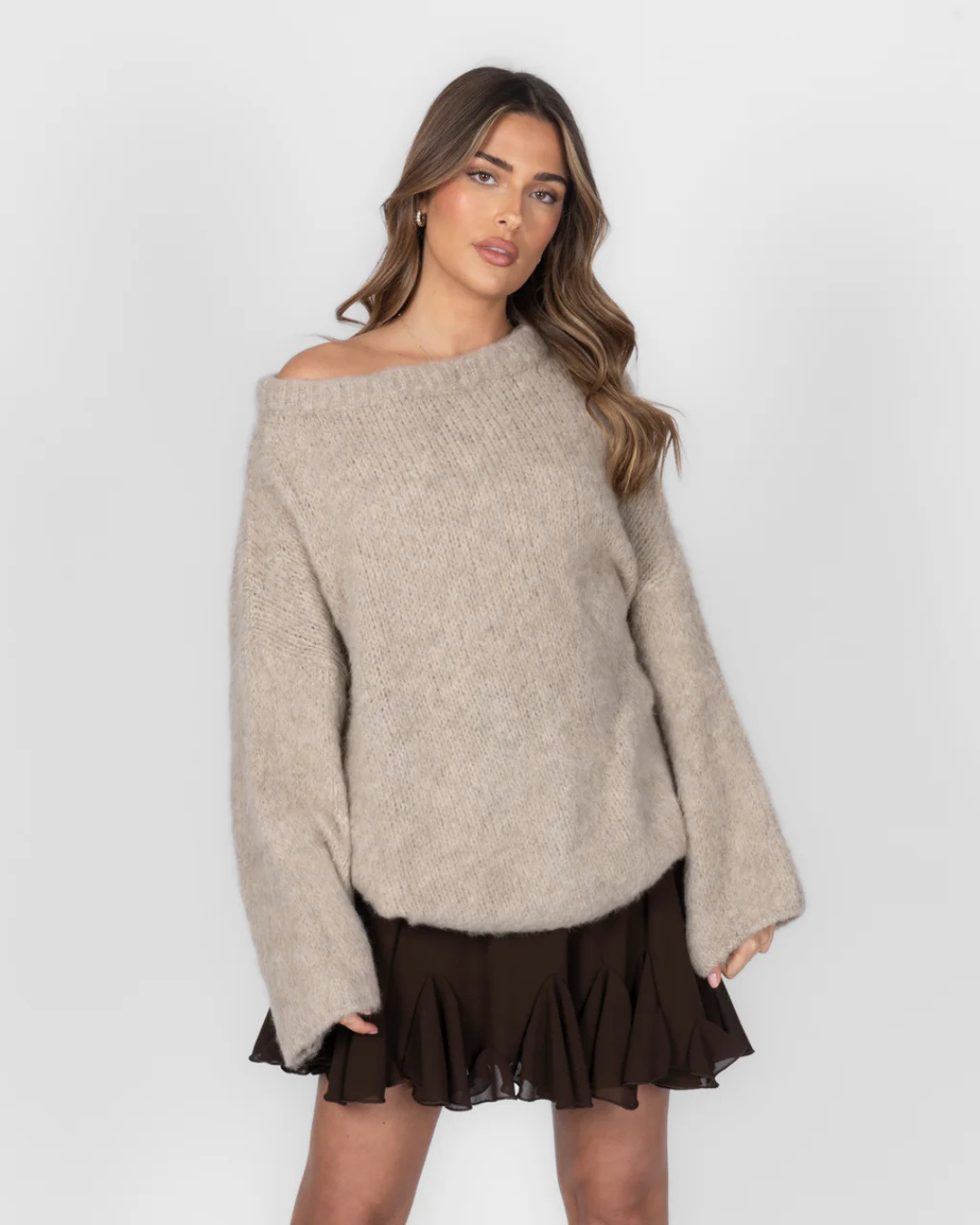 Camisola de malha ultra macia com ombros descobertos para mulher®